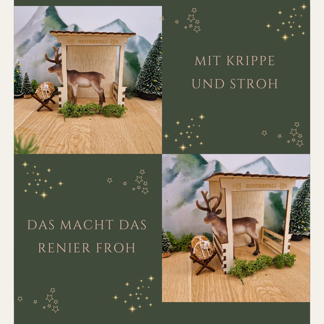 Rentierstall mit Rentier und Futterkrippe