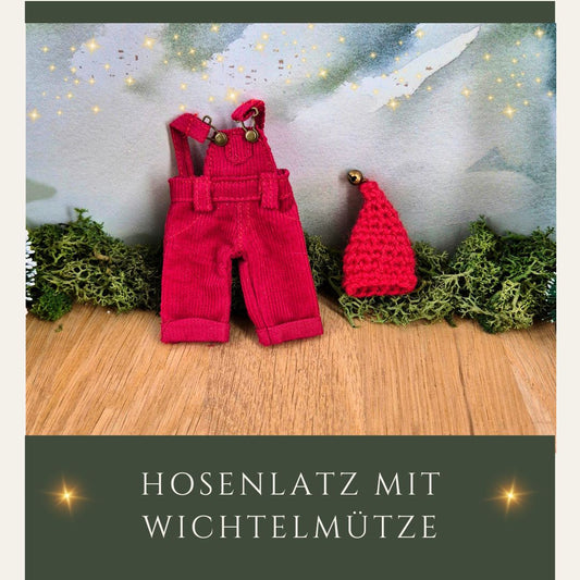 Rotes Wichteloutfit Latzhose und gehäkelte Mütze
