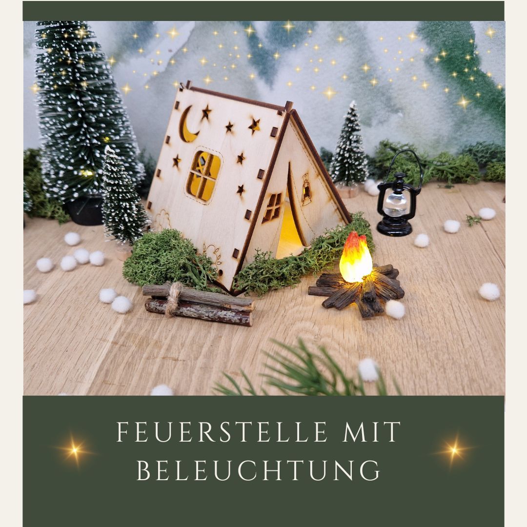 Wichtelzubehör mit Wichtelzelt, Brennholz und Feuerstelle