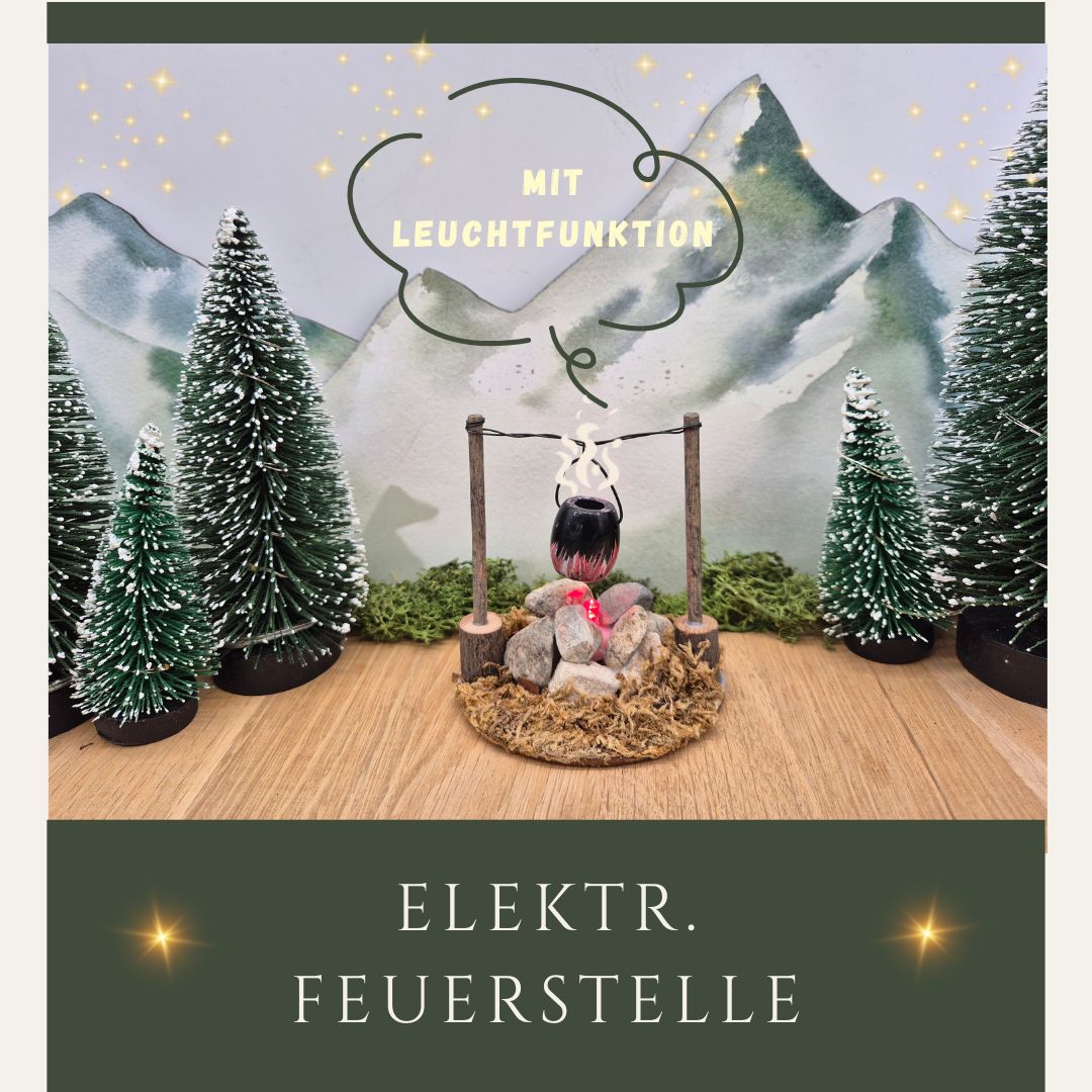 Miniatur-Feuerstelle mit Kessel und LED-Flammenlicht