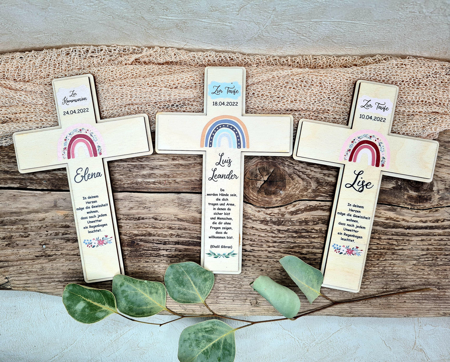 drei Holzkreuze - farbig bedruckt