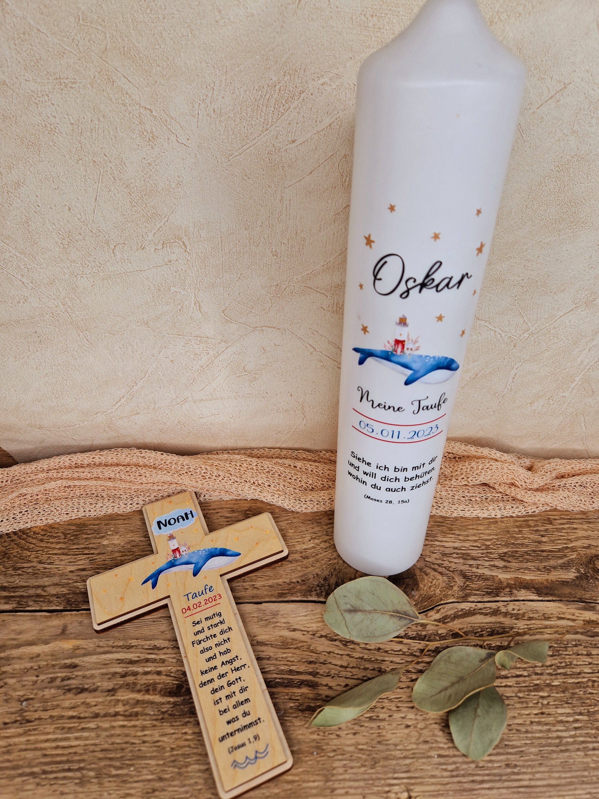 Holzkreuz und Kommunionkerze - farbig bedruckt