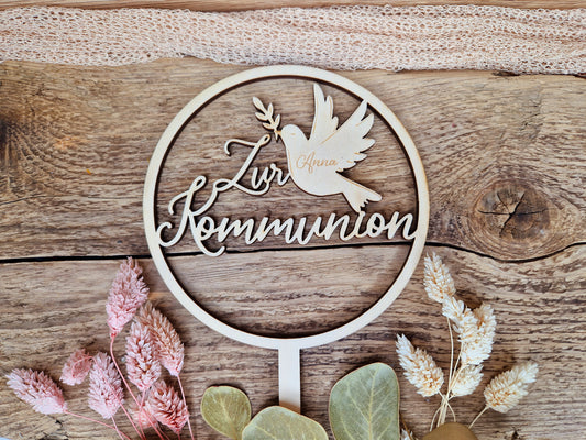 Caketopper - Rund, mit Taube und Schriftzug " zur Kommunion"