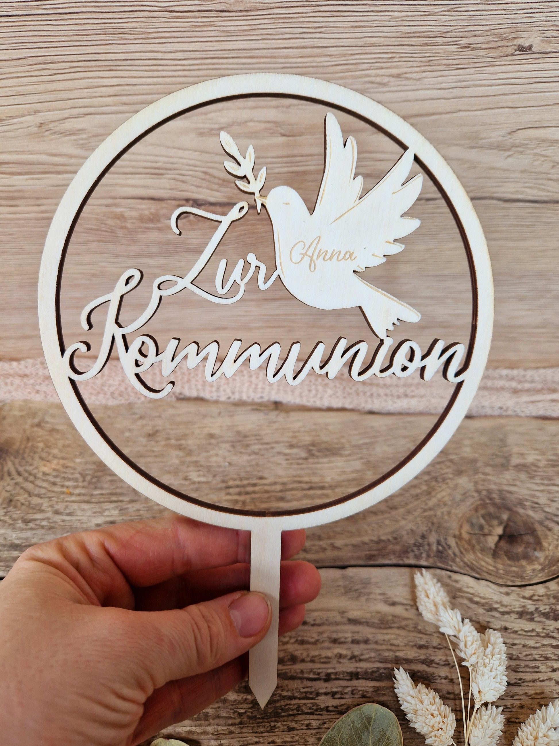 Caketopper - Rund, mit Taube und Schriftzug " zur Kommunion"