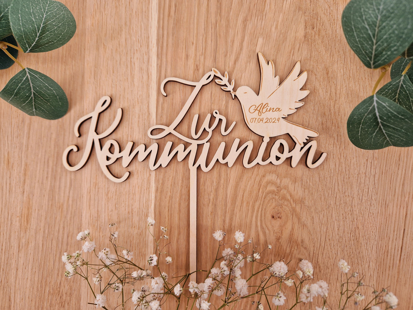 Caketopper - zur Kommunion mit Taube aus Holz