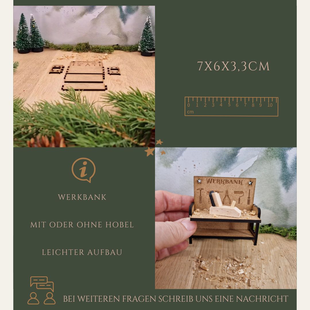Werkbank Miniatur mit Hobel und Späne