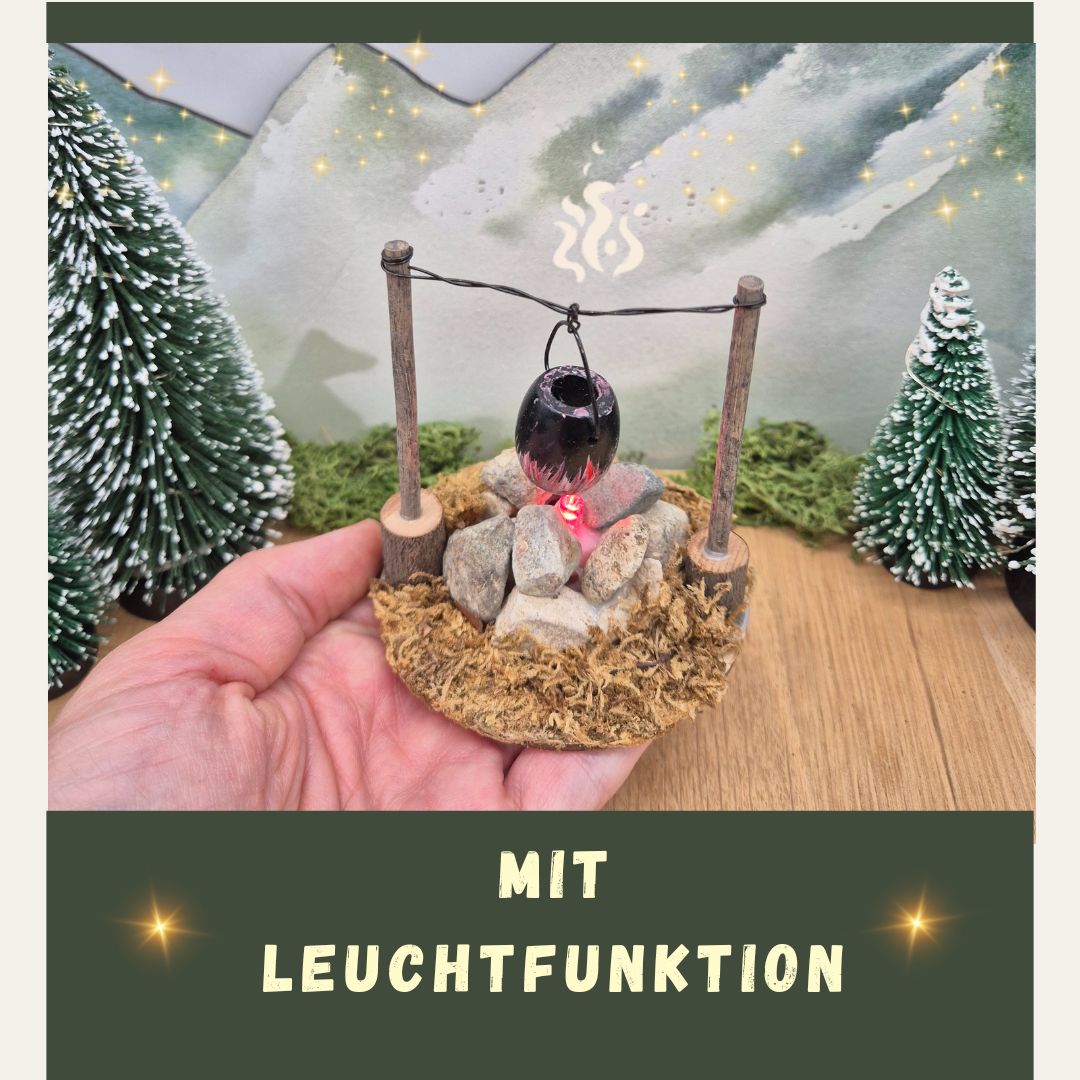 Miniatur-Feuerstelle mit Kessel und LED-Flammenlicht