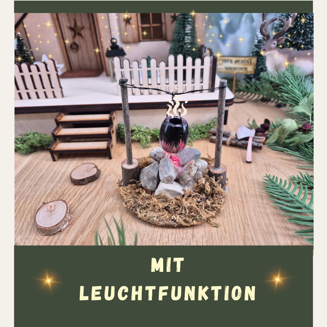 Miniatur-Feuerstelle mit Kessel und LED-Flammenlicht