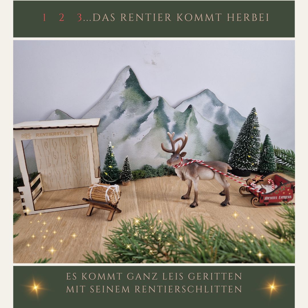 Rentierstall mit Rentier und Futterkrippe