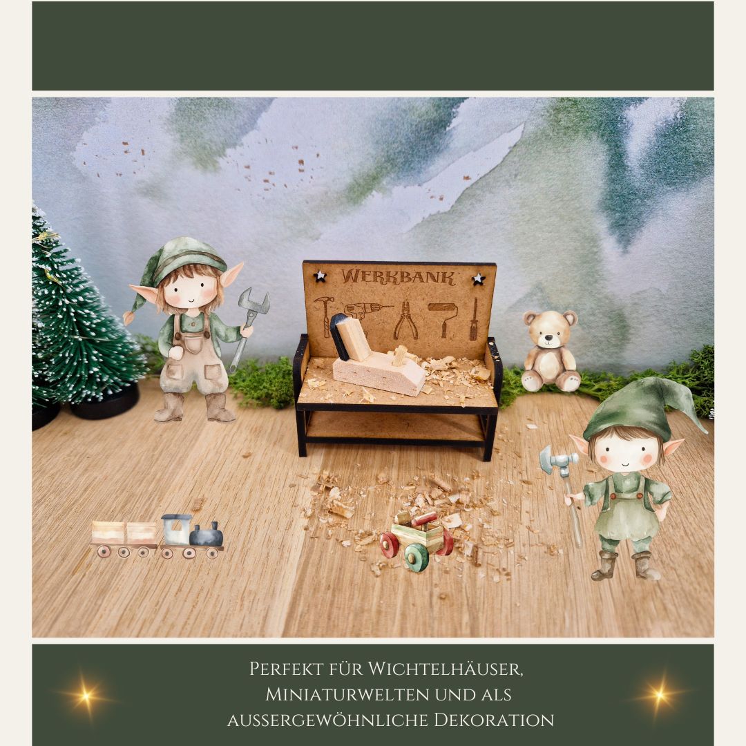 Werkbank Miniatur mit Hobel und Späne