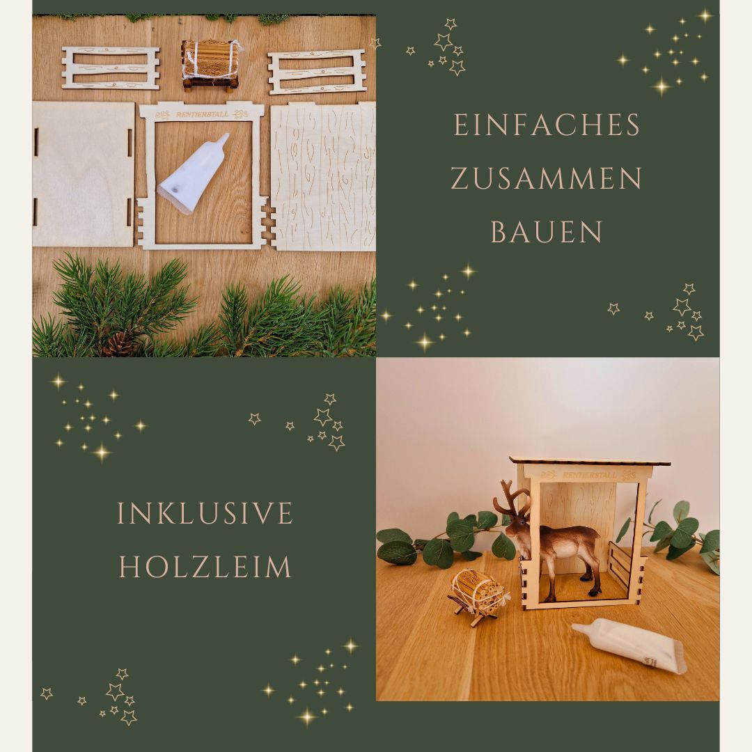 Rentierstall mit Rentier und Futterkrippe