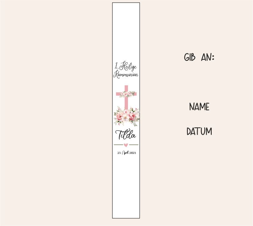 Kommunionkerze - rosa Kreuz - Blumenkranz