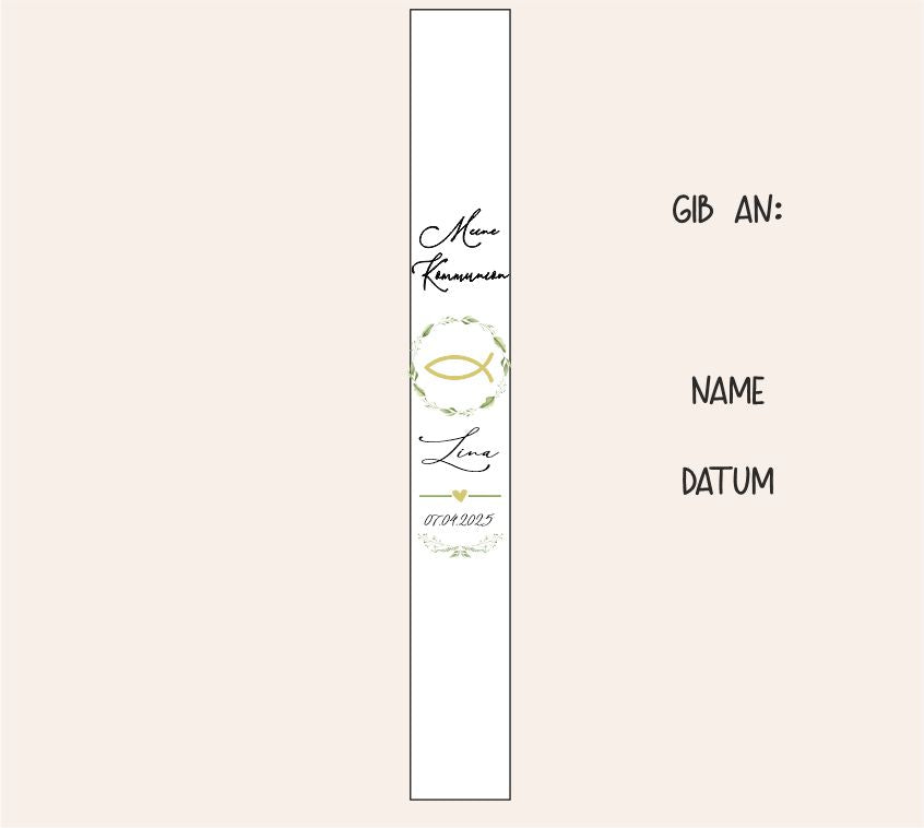 Kommunionkerze - grüner Fisch - Blumenkranz