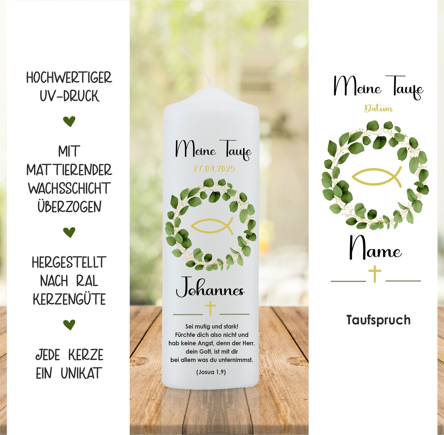 Taufkerze mit Blätterkranz und Fisch