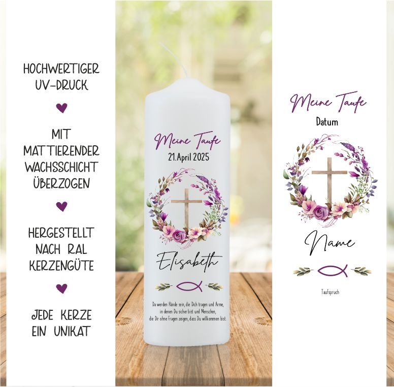 Taufkerze mit buntem Blumenkranz und Kreuz