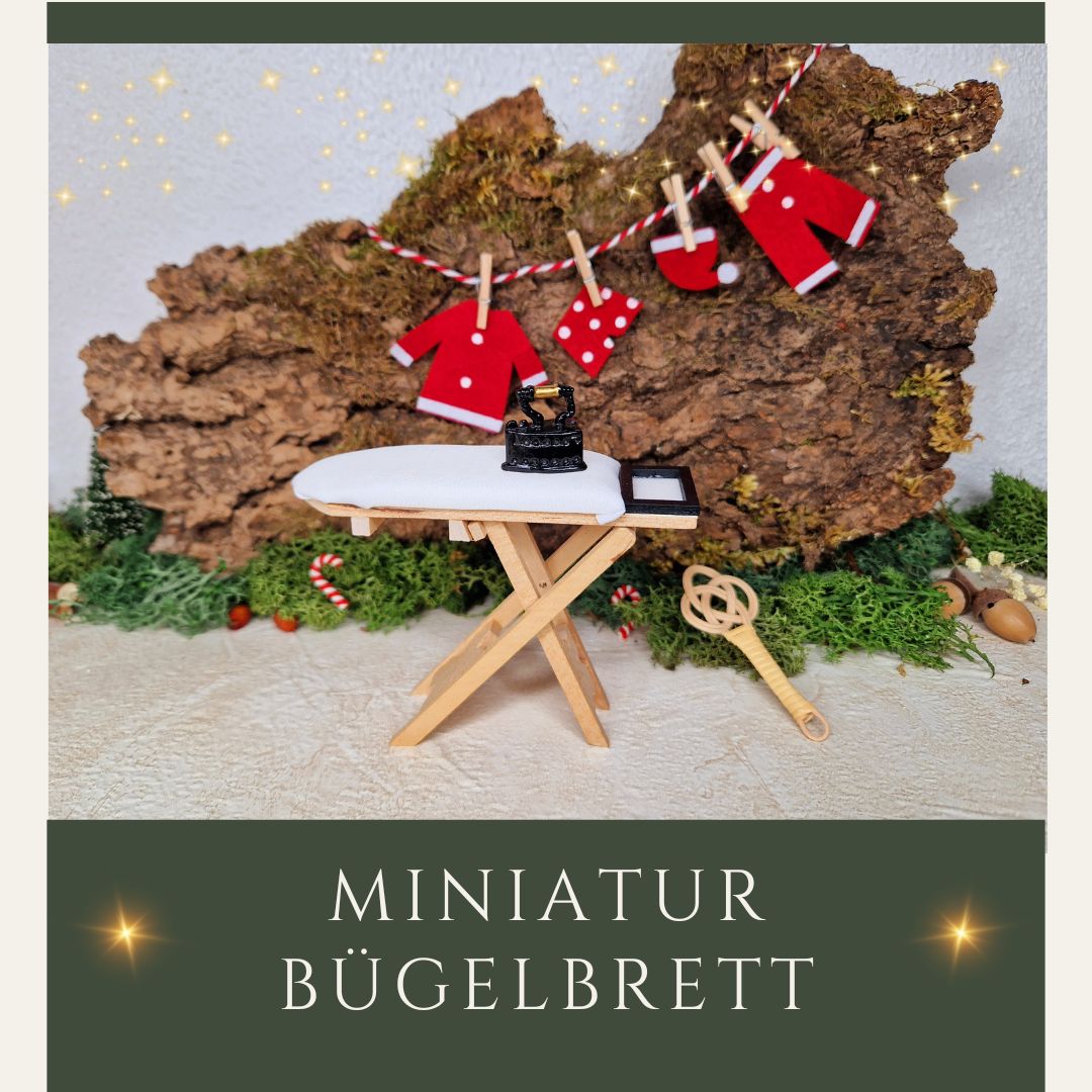 Miniatur Bügelbrett mit Bügeleisen und Teppichklopfer