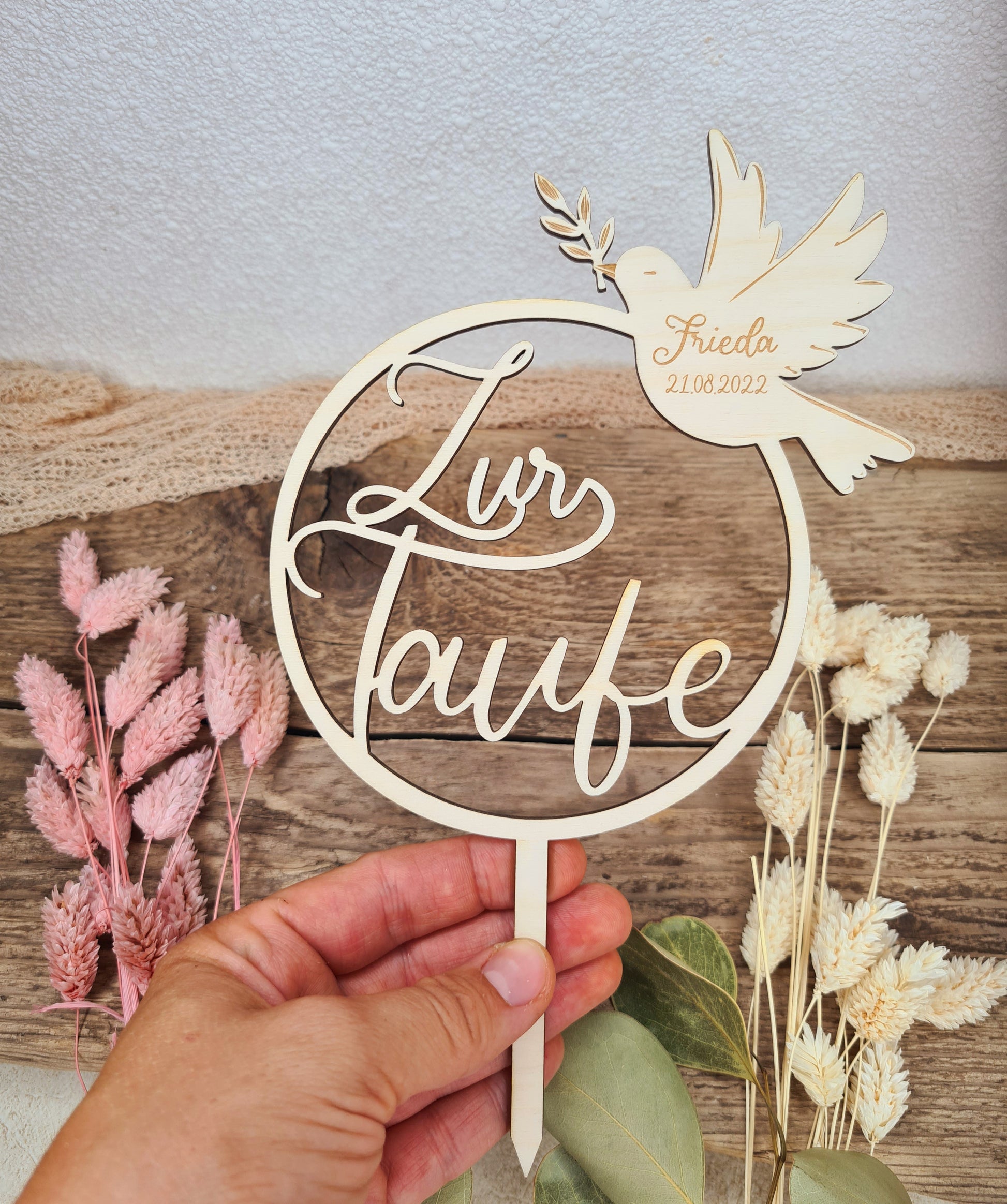 Cake Topper - zur Taufe mit Taube Namen und Datum