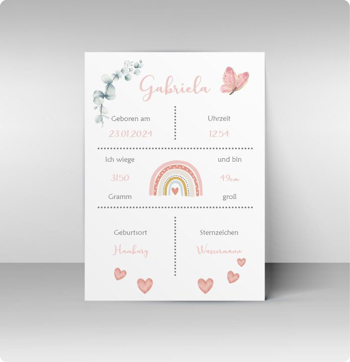 Geburtsposter - rosa Regenbogen und Geburtsdaten