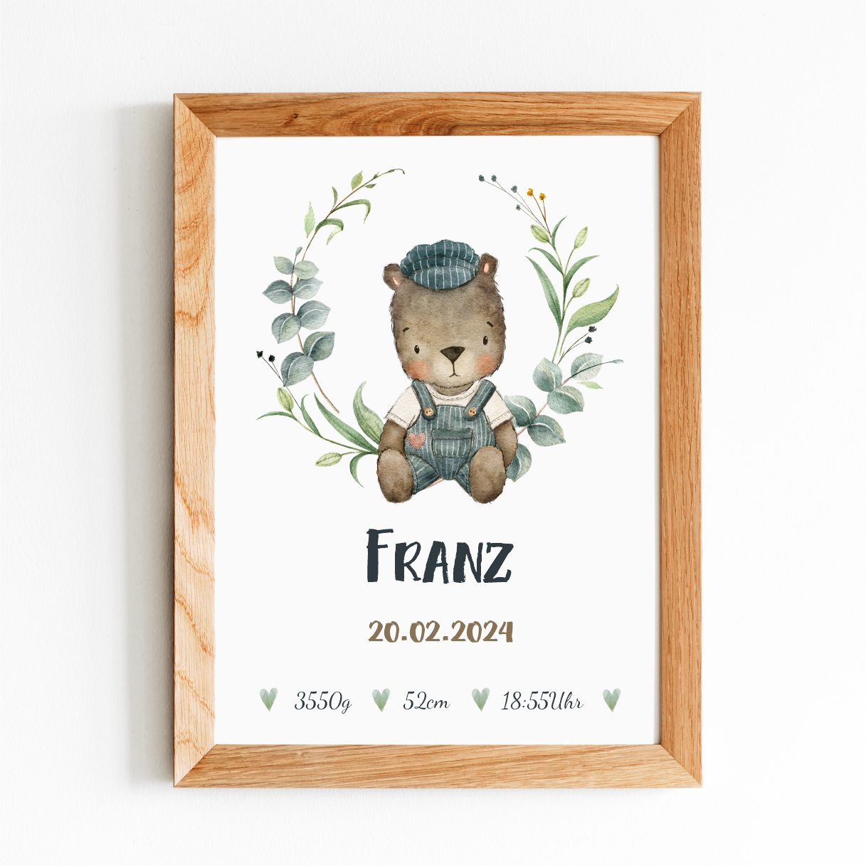 Geburtsposter - kleiner Bär mit Pflanzenkranz