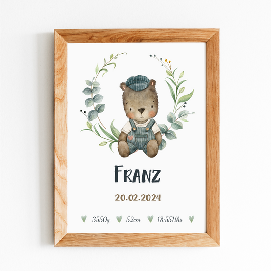 Geburtsposter - kleiner Bär mit Pflanzenkranz
