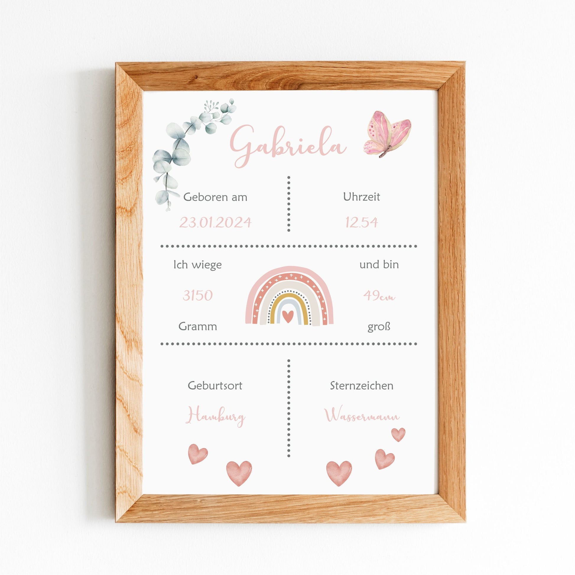 Geburtsposter - rosa Regenbogen und Geburtsdaten