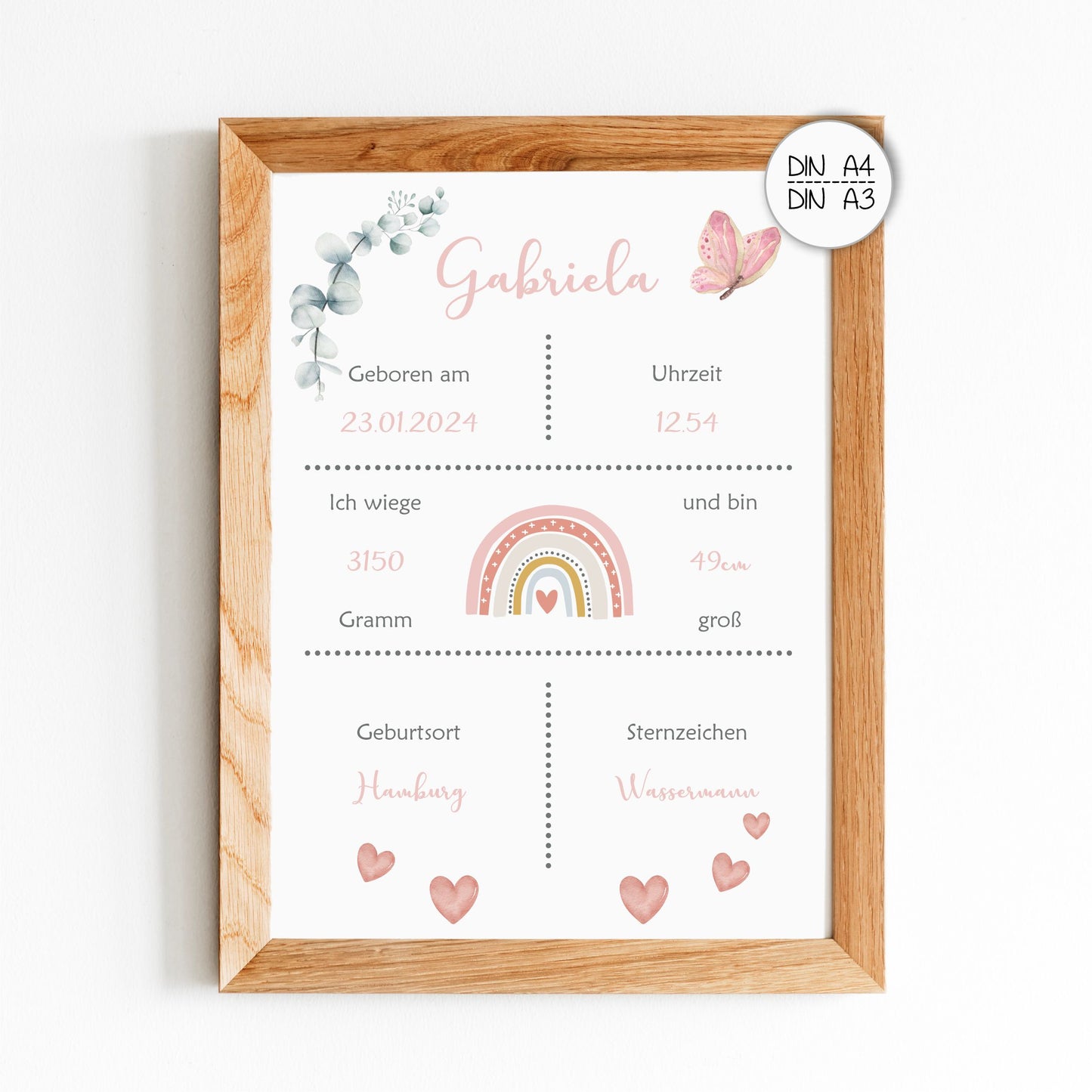 Geburtsposter - rosa Regenbogen und Geburtsdaten