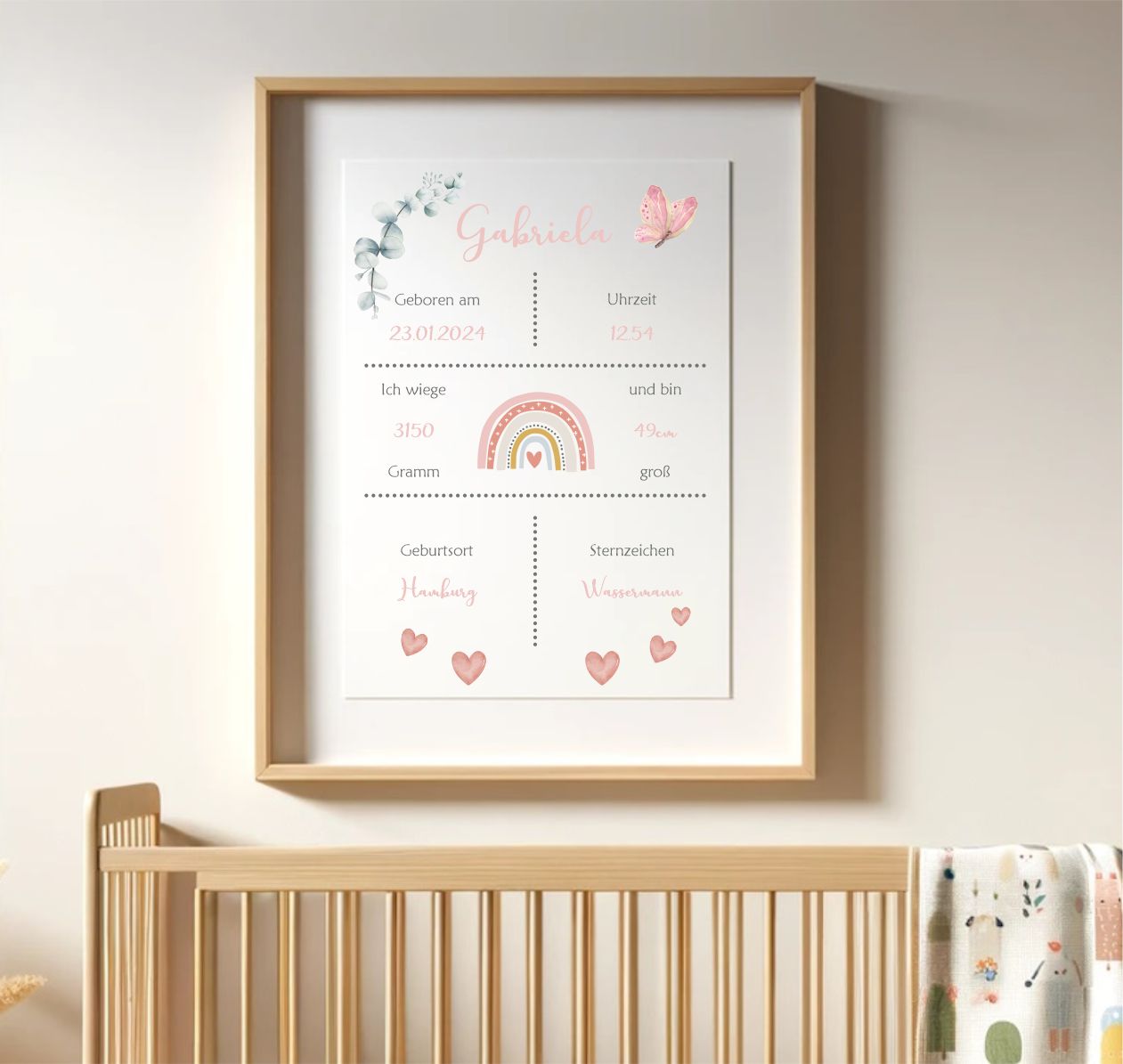 Geburtsposter - rosa Regenbogen und Geburtsdaten