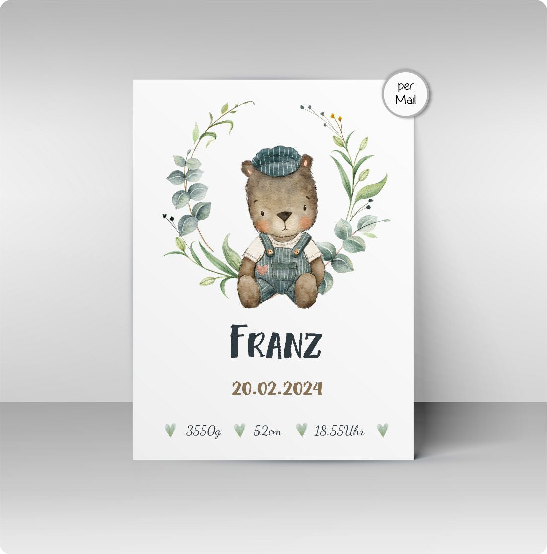 Geburtsposter - kleiner Bär mit Pflanzenkranz