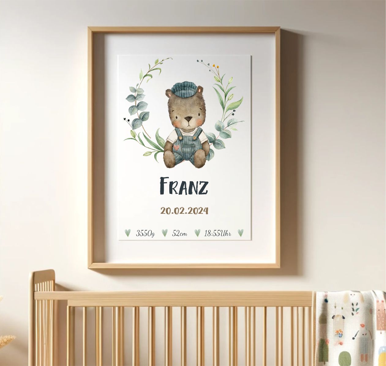 Geburtsposter - kleiner Bär mit Pflanzenkranz