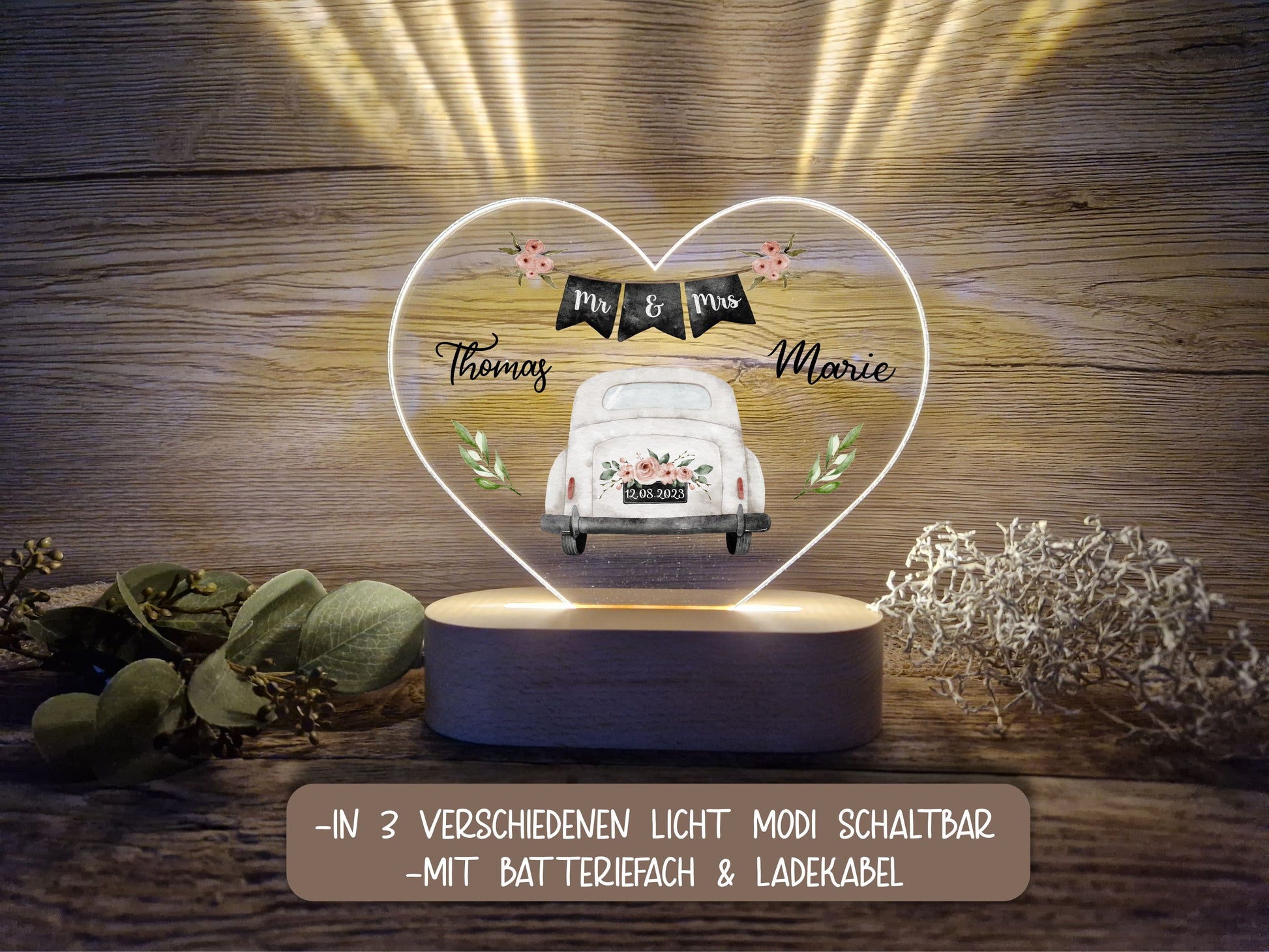 Hochzeitslicht altes Auto und Namen