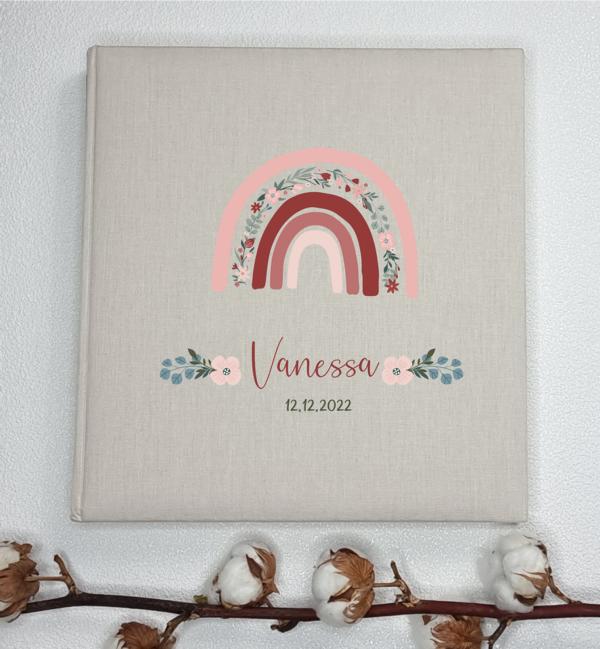 Leinenalbum - Regenbogen in Pink mit Blumen und Daten
