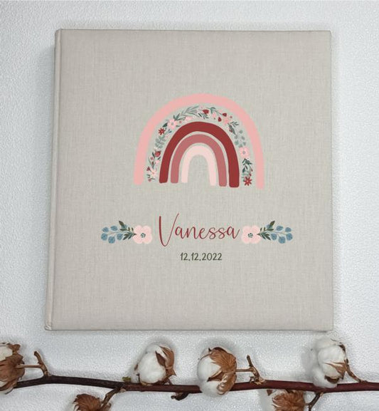 Leinenalbum - Regenbogen in Pink mit Blumen und Daten