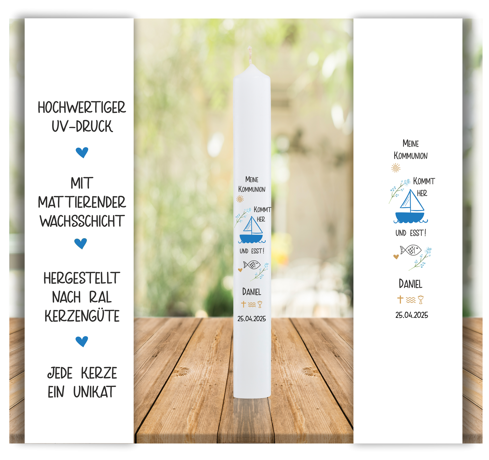 Kommunionkerze - blaues Segelboot - Spruch