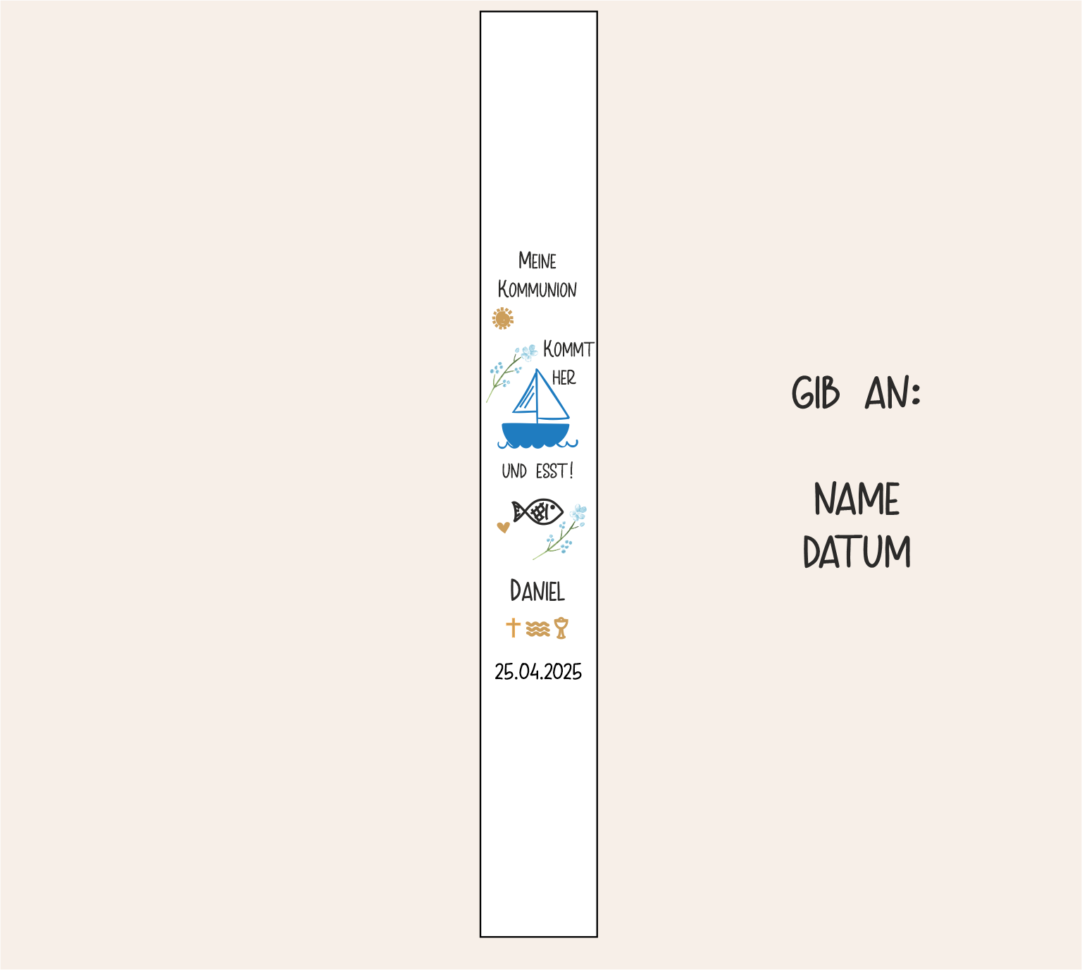 Kommunionkerze - blaues Segelboot - Spruch