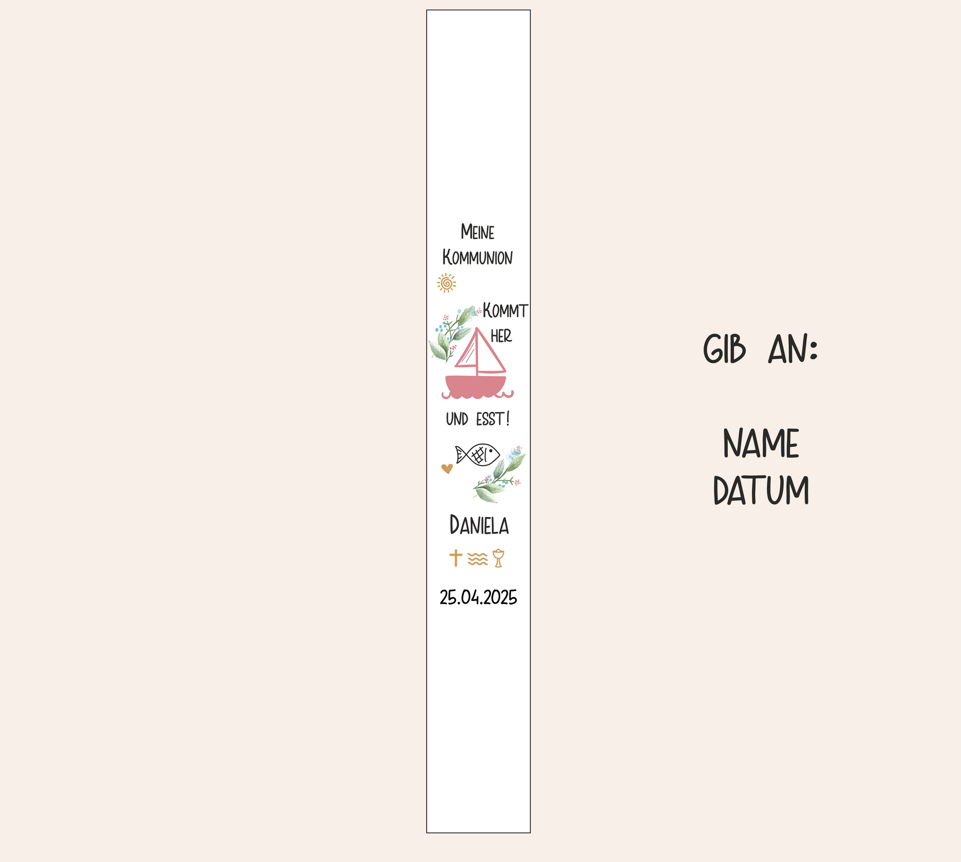 Kommunionkerze - rosa Segelboot - Spruch