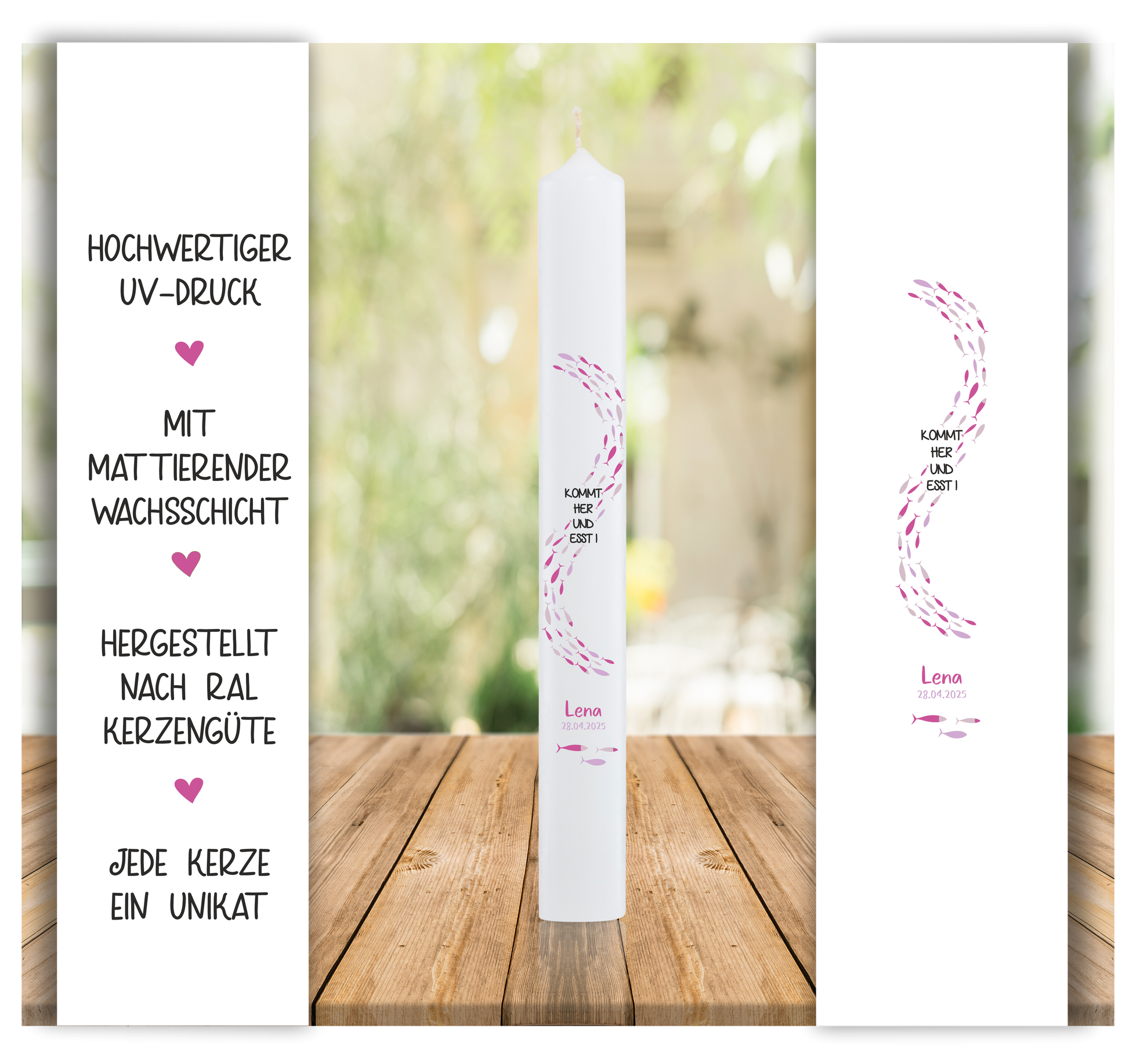 Kommunionkerze - Spruch - lila, rosa Fischschwarm
