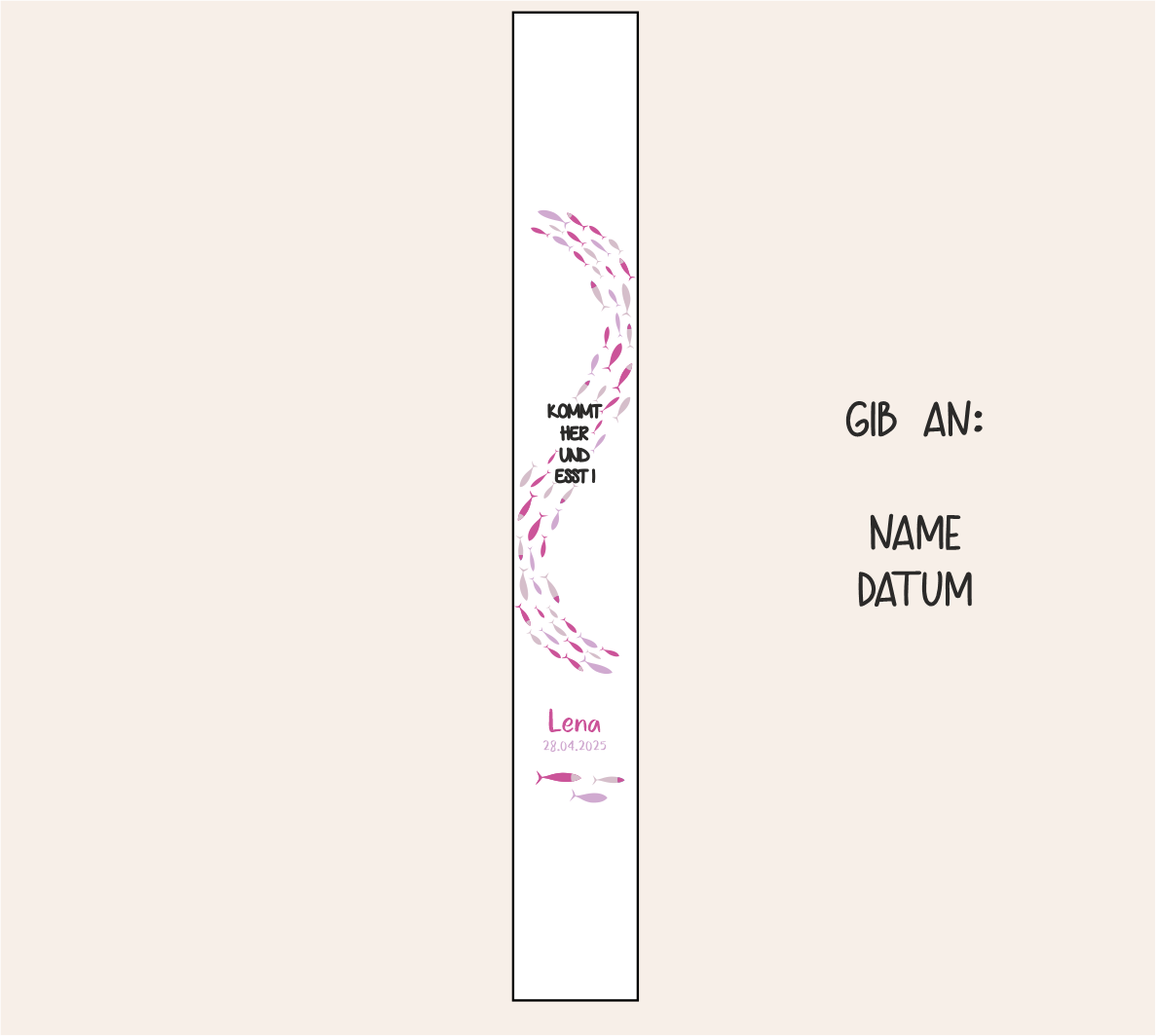 Kommunionkerze - Spruch - lila, rosa Fischschwarm