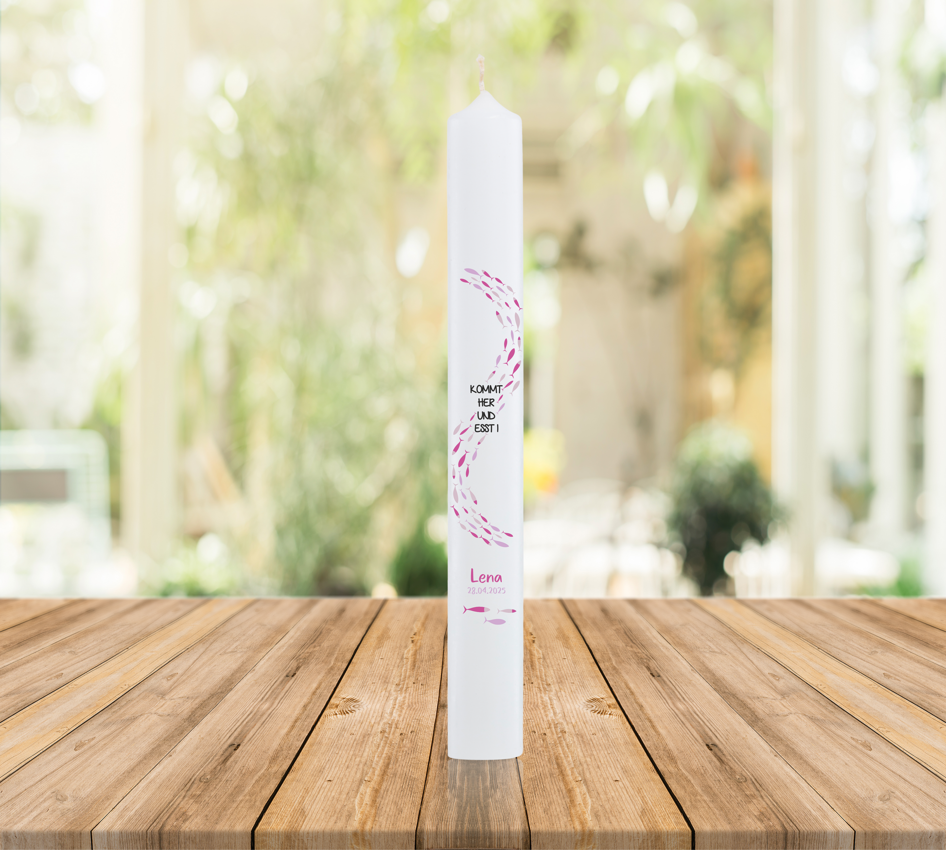Kommunionkerze - Spruch - lila, rosa Fischschwarm