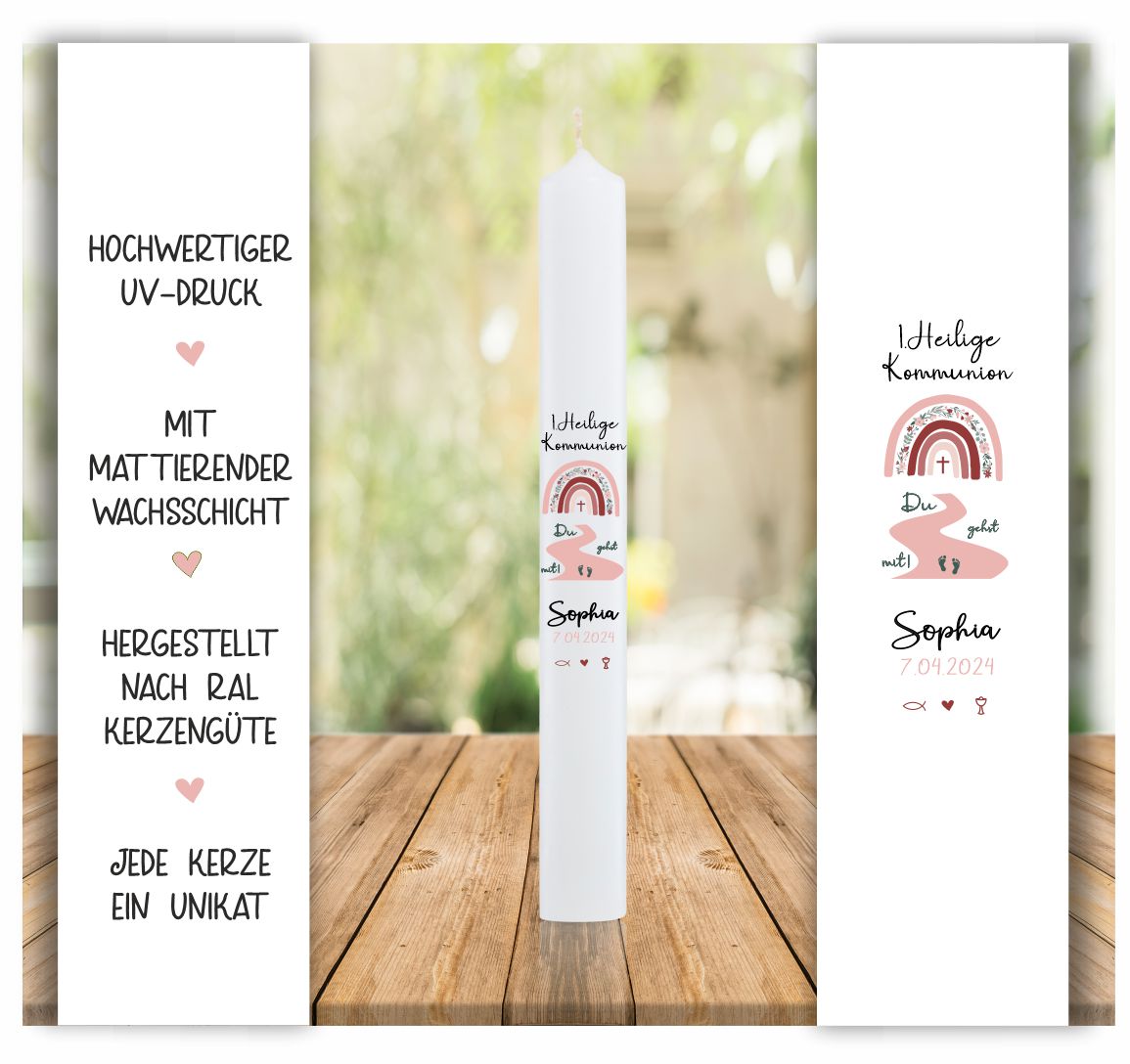 Kommunionkerze mit Regenbogen und Name