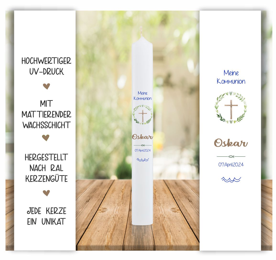 Kommunionkerze - Blätterkranz mit Kreuz und Namen