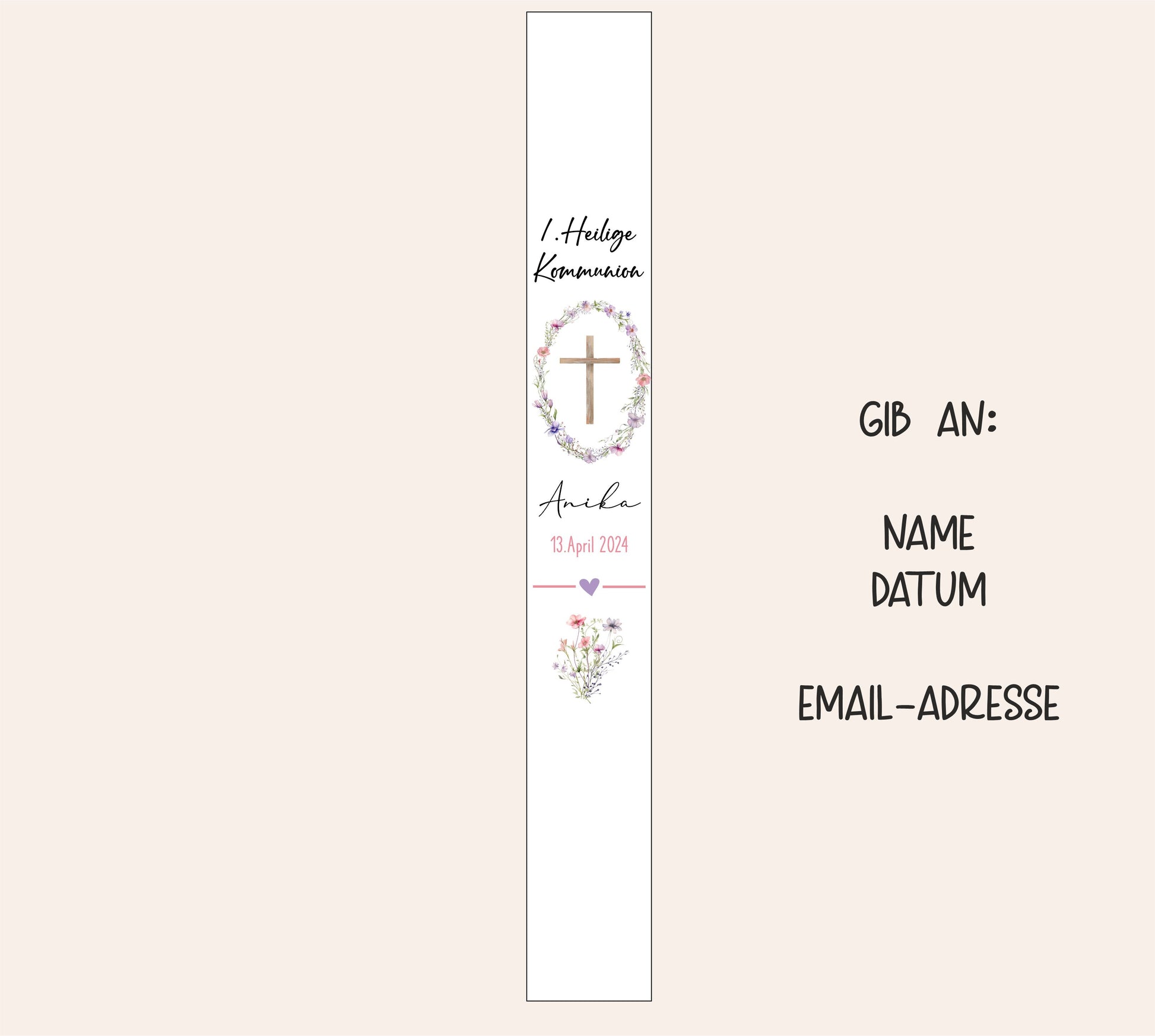 Kommunionkerze mit Kreuz - Blumenkranz und Name