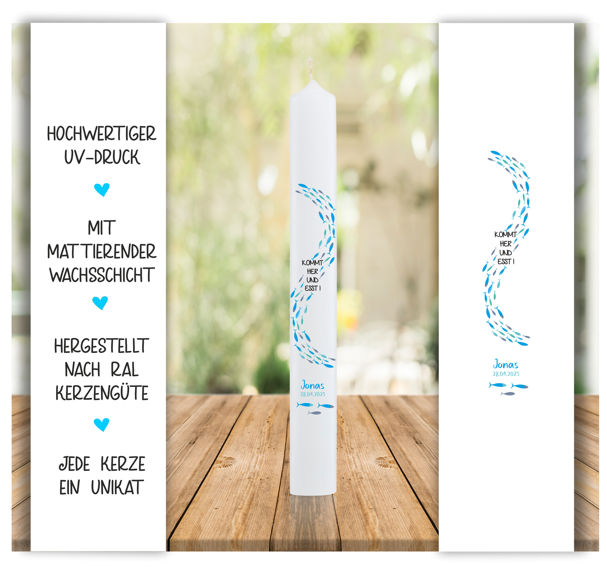 Kommunionkerze mit Fischen und Text