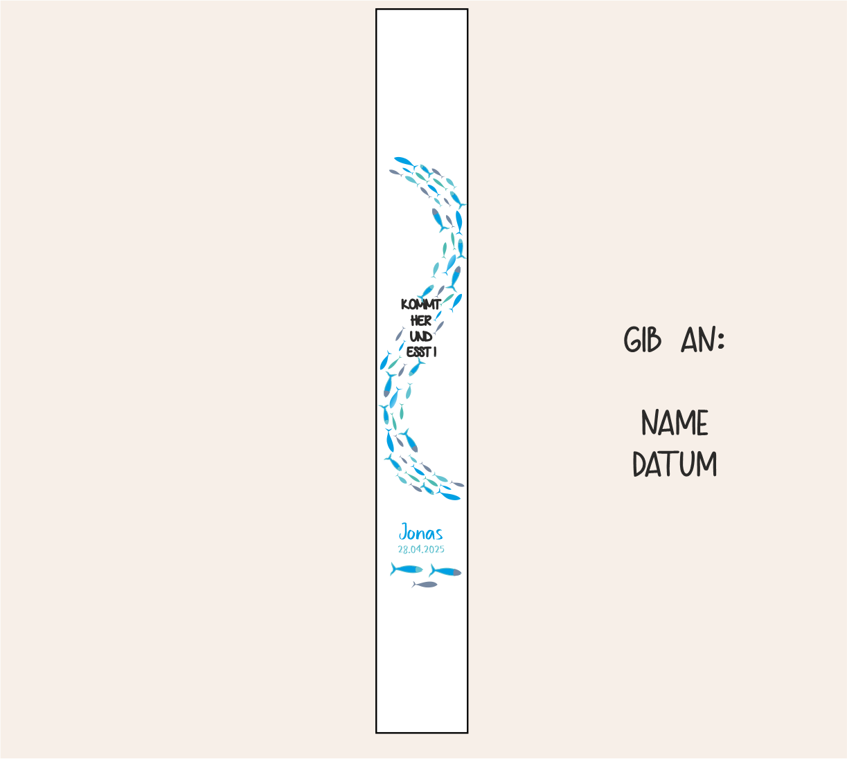 Kommunionkerze - Spruch - blauer Fischschwarm