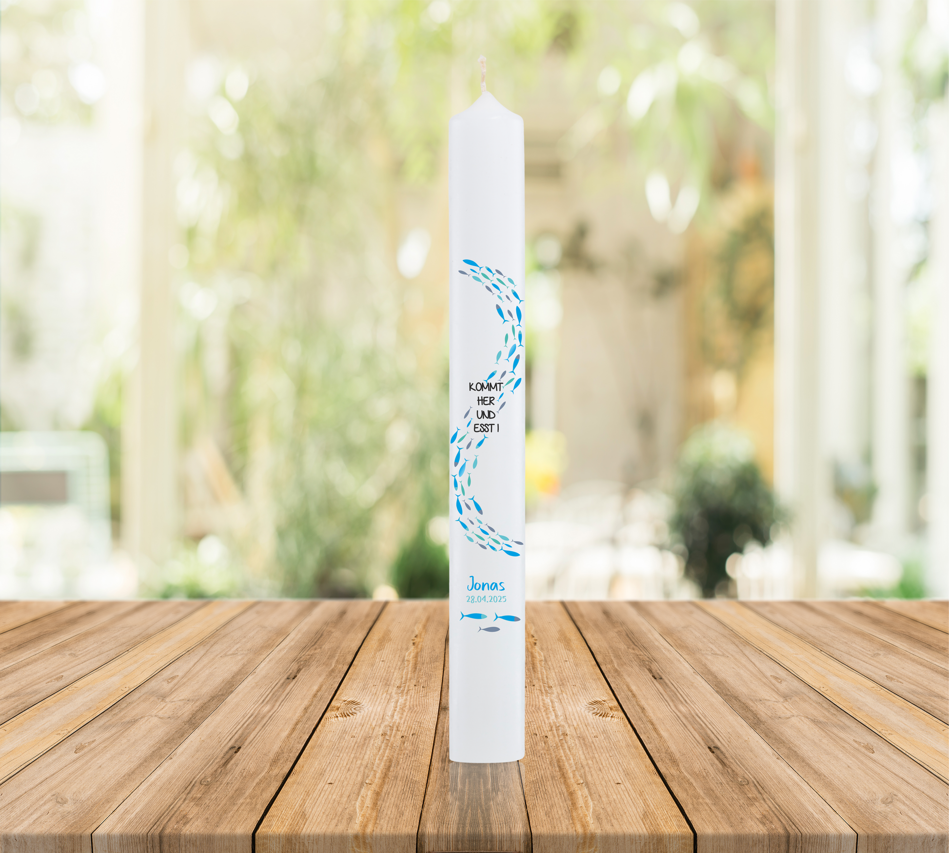 Kommunionkerze mit Fischen und Text