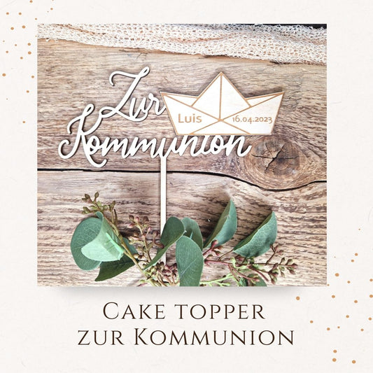 Caketopper - kleines Segelboot aus Holz und Schriftzug zur Kommunion