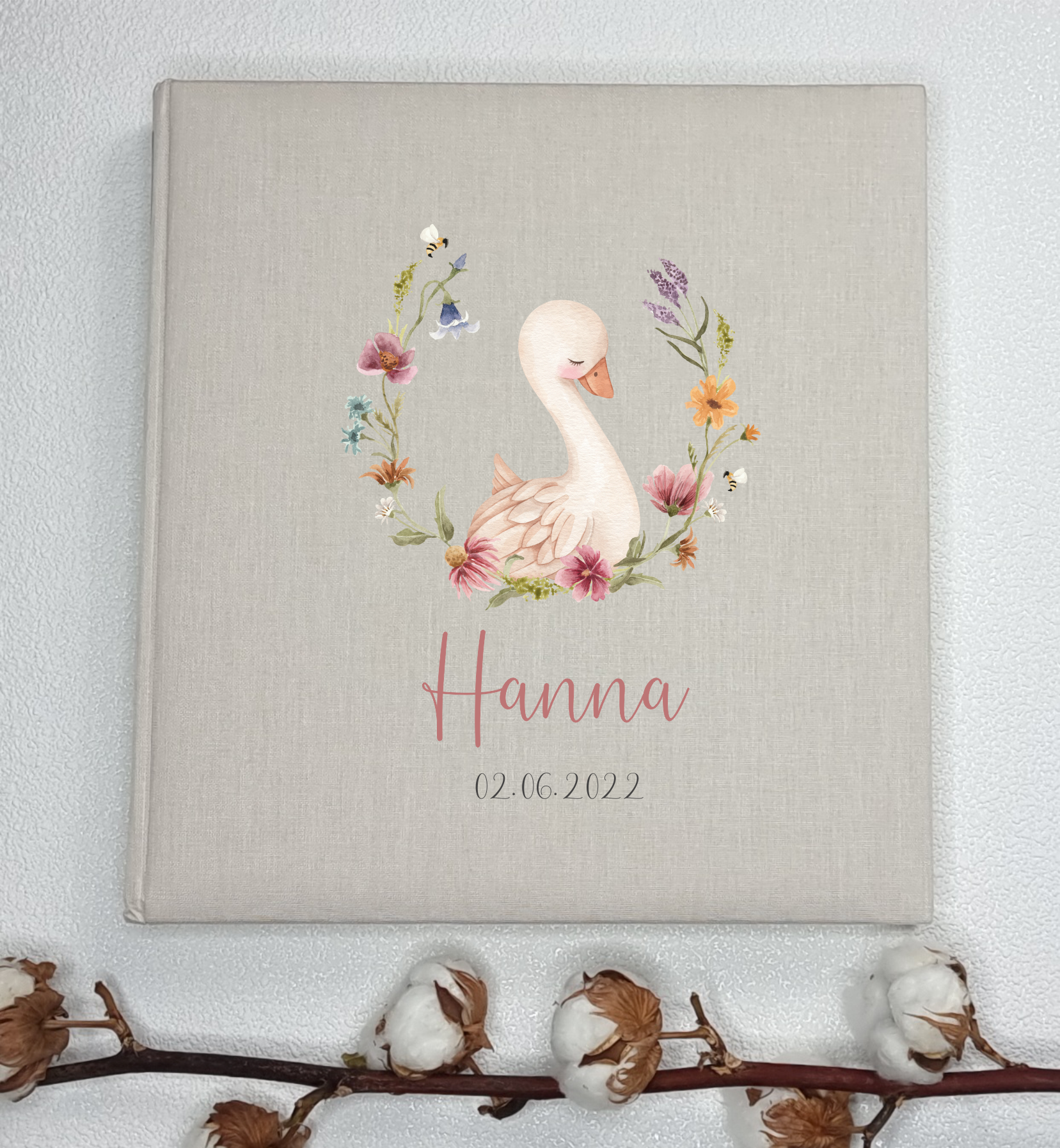 Leinenalbum - Schwan mit Blumenkranz