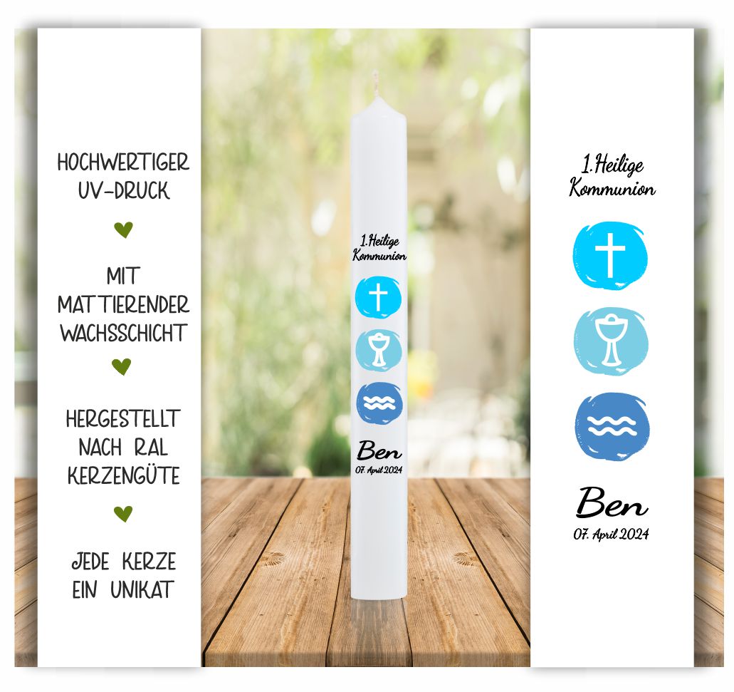 Kommunionkerze mit Kreuz - Kelch Wasser und Name