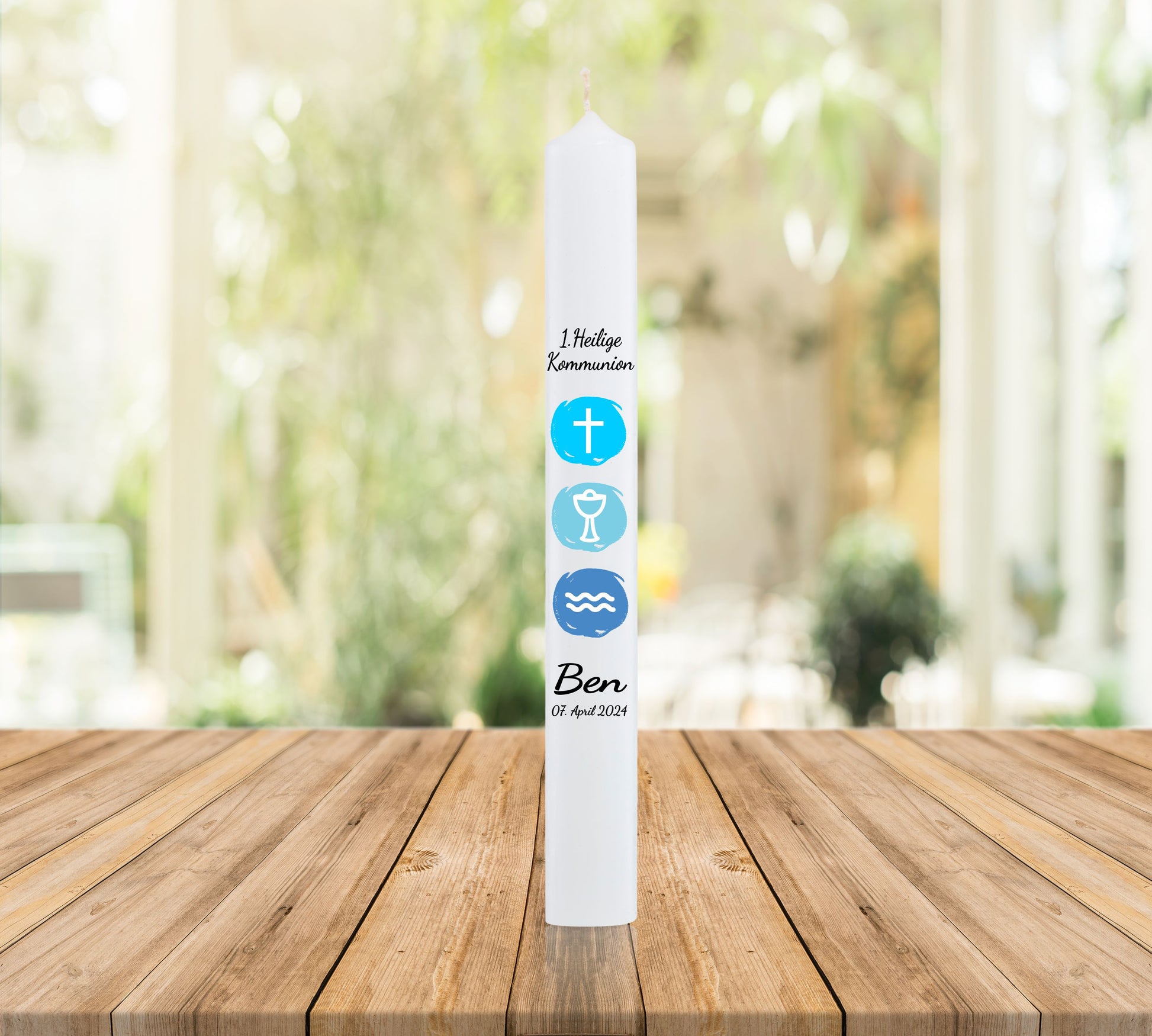 Kommunionkerze mit Kreuz - Kelch Wasser und Name