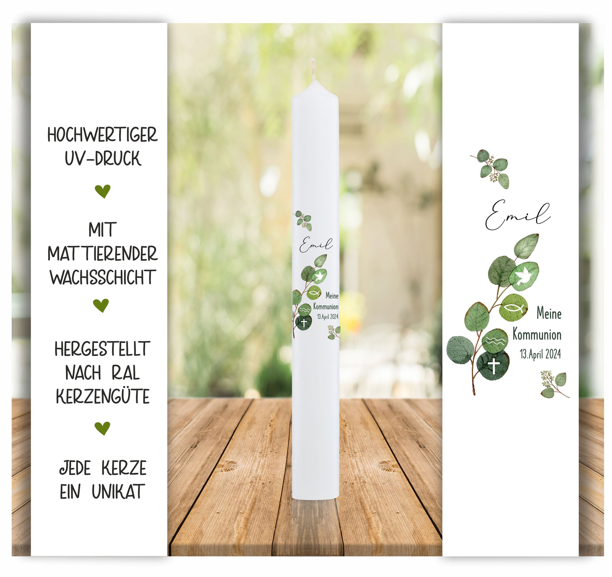 Kommunionkerze mit Kreuz - Blumenkranz und Name