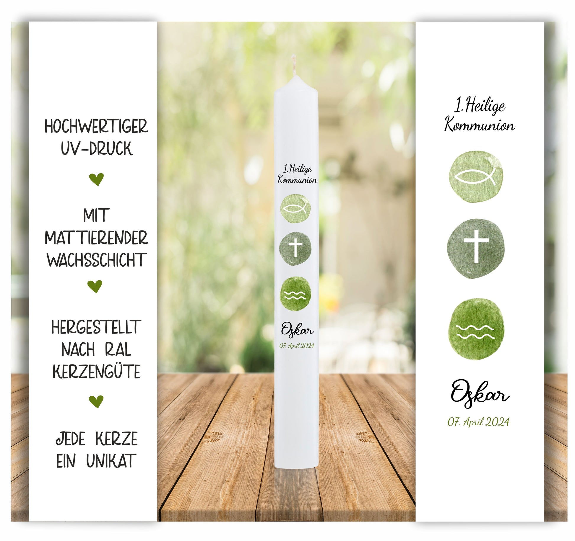 Kommunionkerze mit Kreuz - Fisch - Wasser und Name